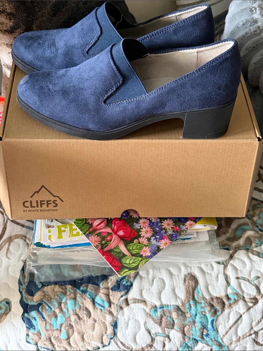 Cliffs by WHITE MOUNTAIN Navy Suede Slip-On Loafers with Low Block Heel.